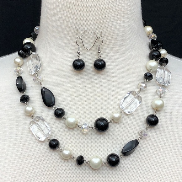 2 Row Layered Black & White Imitation Pearl Beaded Necklace Earrings Set - Picture 1 of 3